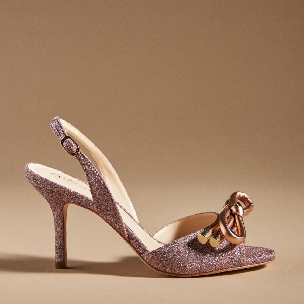 Anthropologie Rose Gold Glitter Peep-Toe Heels with Metallic Bow - Picture 3 of 3